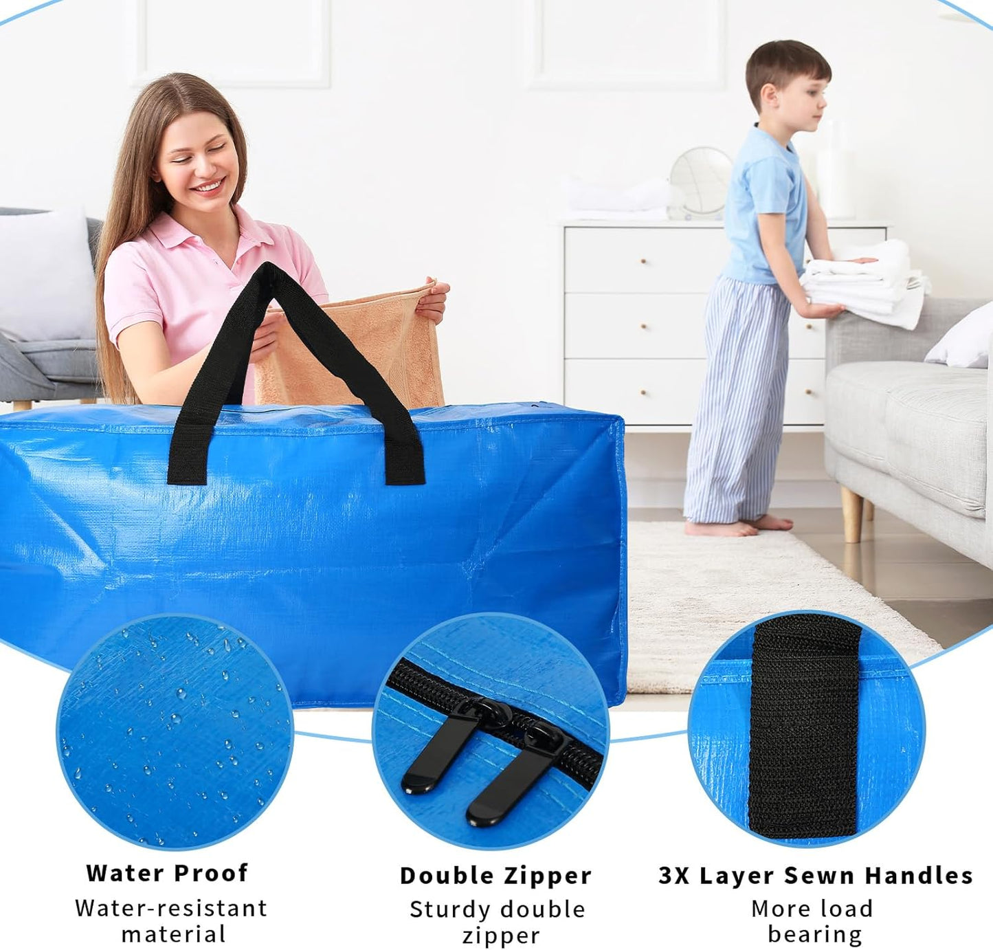 4 Pack Heavy Duty Extra Large Moving Bags Storage Tote - Strong Handles& Backpack Straps - Space Saving Storage Bags Alternative to Moving Boxes and Bins,Compatible with Ikea Frakta Cart, Blue