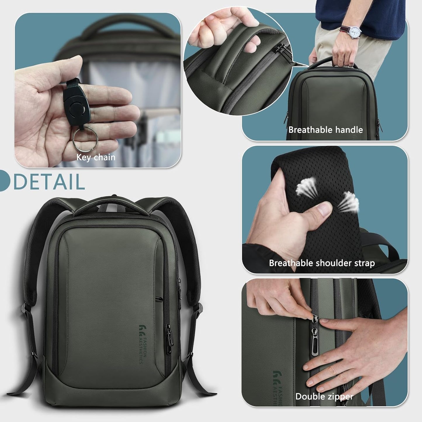 hk Laptop Backpack for Men with USB Charging Port Water-Resistant for 15.6 Inch Computer Bag Durable High-Tech Daypack Casual Backpack for Business Work College Weekender Travel- Green