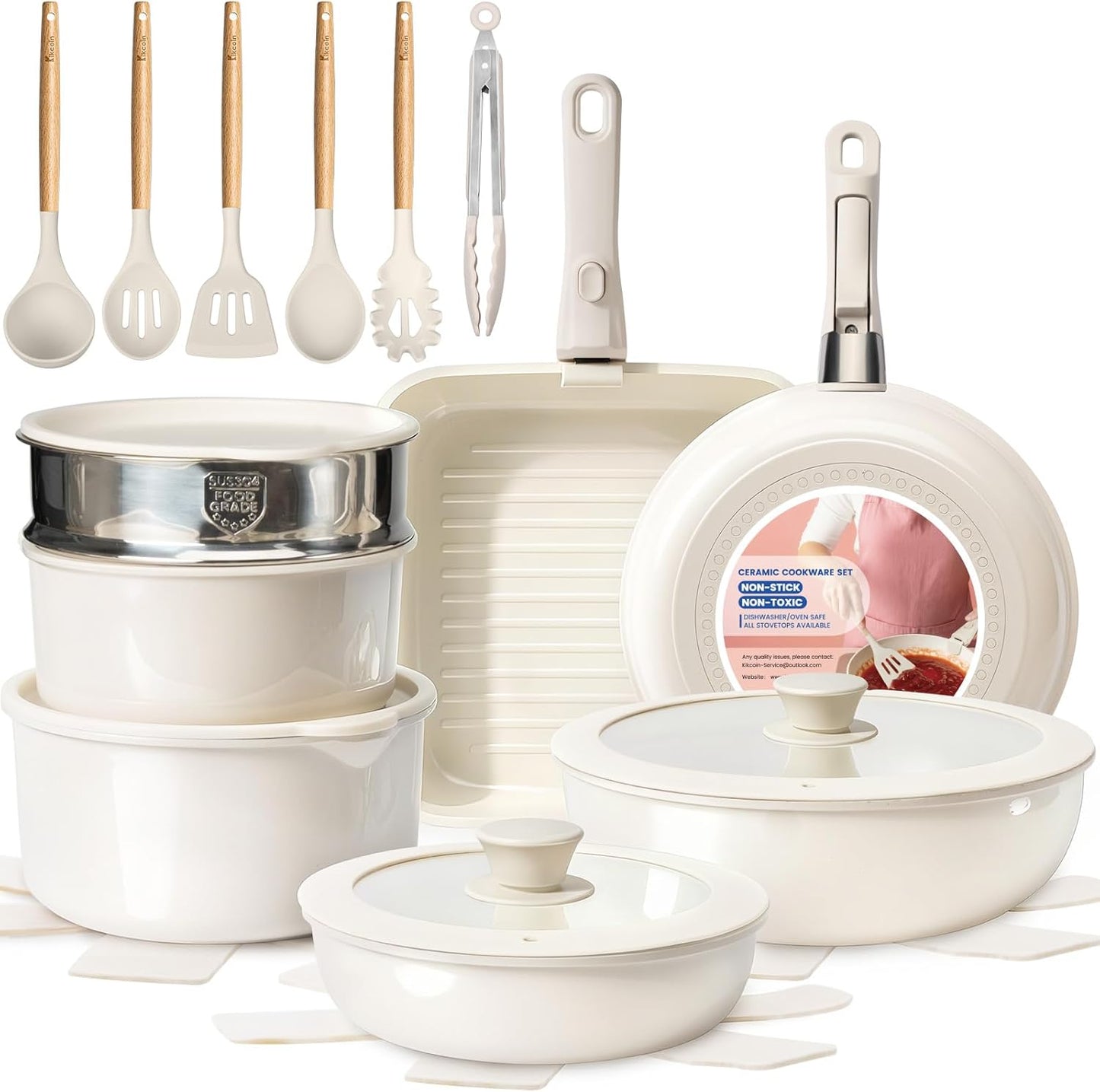 KIKCOIN Ceramic Nonstick Pots and Pans Set - Cookware Set with Detachable Handle - 25 Pack Stackable Cooking Set for RV Kitchen, with Frying Pans, Steamer - Induction/Dishwasher/Oven Safe, PFOA Free