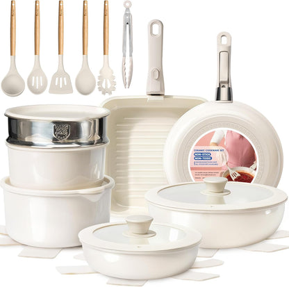 KIKCOIN Ceramic Nonstick Pots and Pans Set - Cookware Set with Detachable Handle - 25 Pack Stackable Cooking Set for RV Kitchen, with Frying Pans, Steamer - Induction/Dishwasher/Oven Safe, PFOA Free