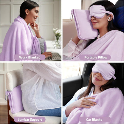 Travel Blanket, 3-in-1 Ultra-Soft, Warm & Lightweight Travel Blanket Airplane with Bag, 65x40 in, Airplane Travel Essentials for Women, Men & Kids with Eye Mask, Luggage Sleeve & Backpack Clip