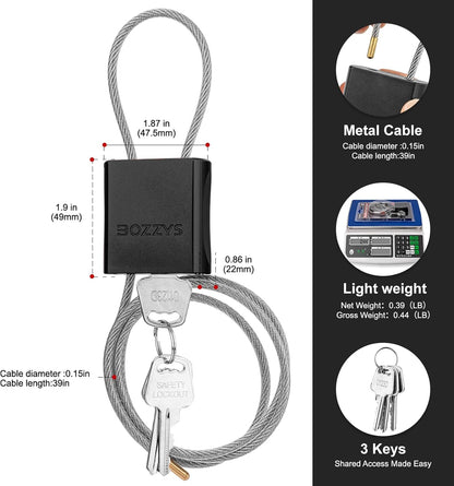 Adjustable Cable Locks with 3 Keys | 3.28ft L x 1/6in D Aluminum Steel Cable Padlock for Bikes, Gate, Lockers & Outdoor Gear | Keyed Different & Black