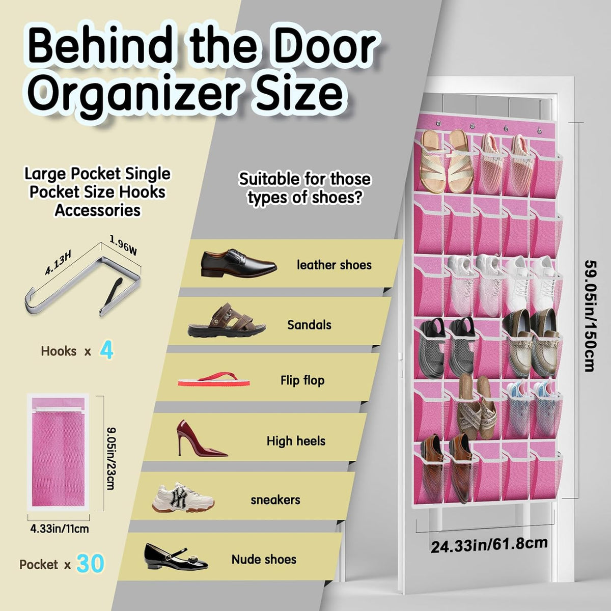 Over the Door Shoe Organizer with 30 Breathable Mesh Pockets - Large Capacity Closet Storage for Men & Women, Hanging Shoe Rack Organizer -Pink
