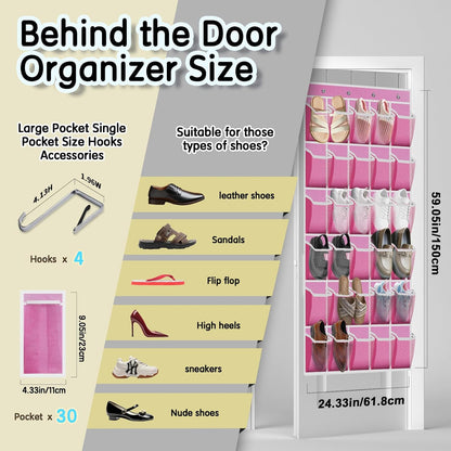 Over the Door Shoe Organizer with 30 Breathable Mesh Pockets - Large Capacity Closet Storage for Men & Women, Hanging Shoe Rack Organizer -Pink