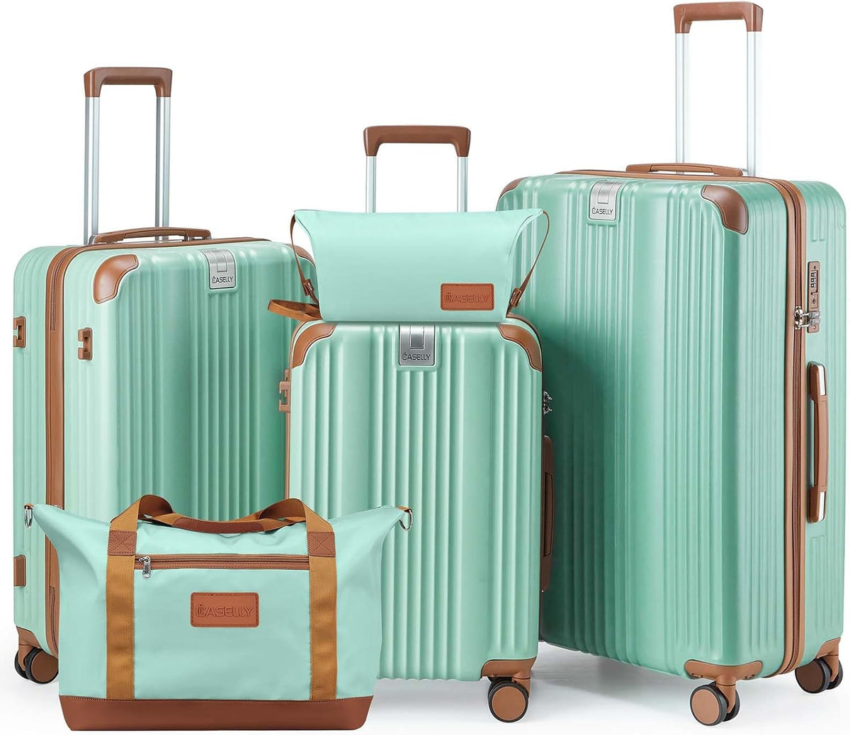 Luggage Set 3 Piece Luggage with PC+ABS Hardshell TSA Lock Spinner Wheels Carry on Lightweight Suitcase，Cup Holder,YKK Zippers (Green, 5 piece sets(20/24/28/DB/TB))
