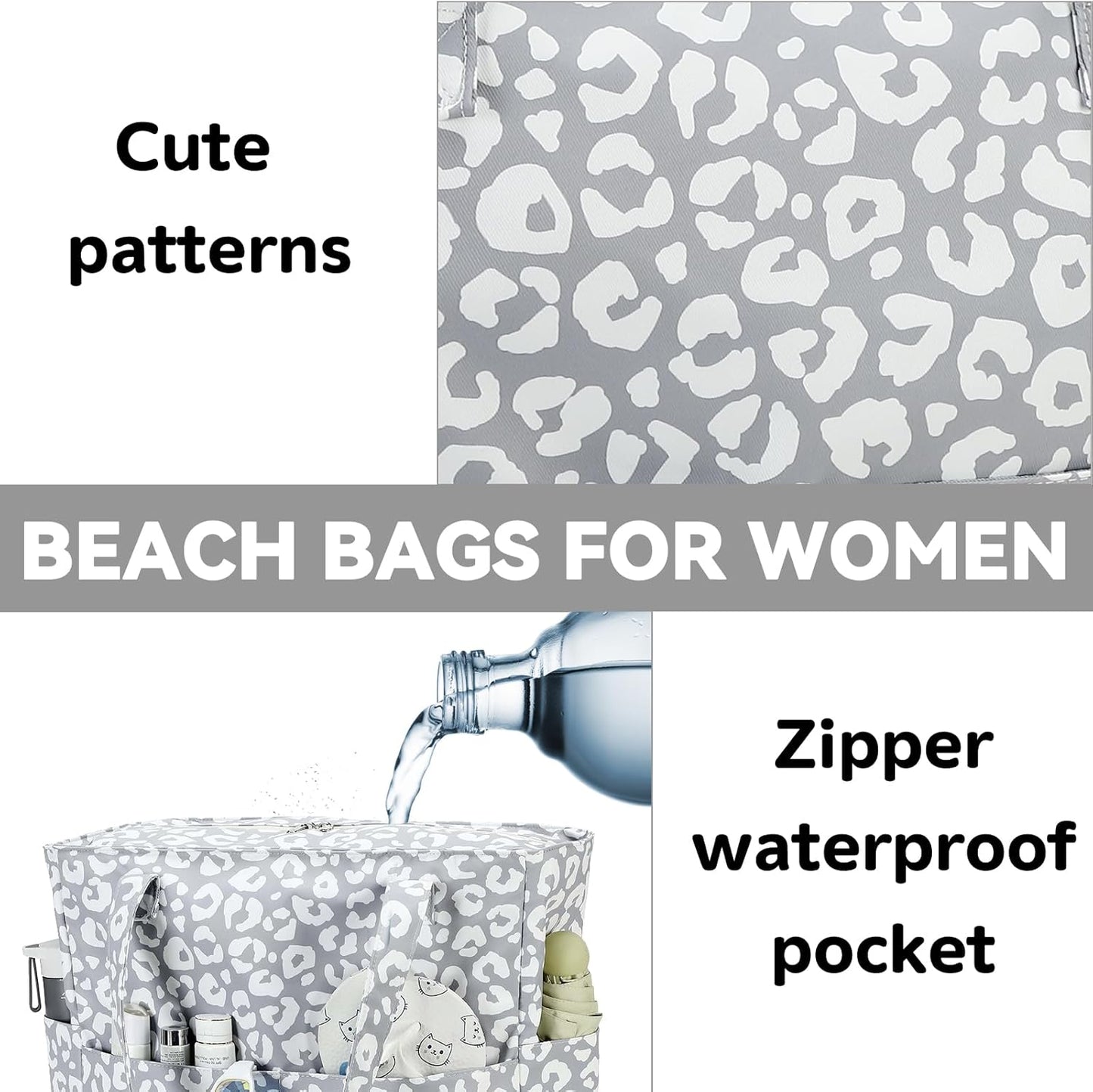 LEDAOU Large Beach Tote Bag Women Waterproof Sandproof Zipper Beach Tote Bag for Pool Gym Grocery Travel with Wet Pocket