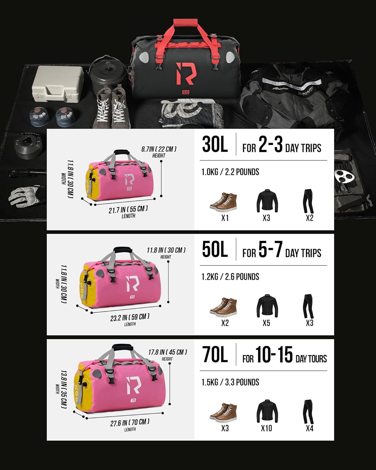 IRON JIA'S Motorcycle Dry Bag - Waterproof Duffle & Luggage Tail Bag Saddle Bags with Roll Top Closure, Shoulder Straps, Inner Pocket and Mesh Pocket (Pink, 50L)