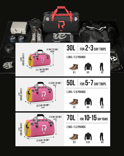 IRON JIA'S Motorcycle Dry Bag - Waterproof Duffle & Luggage Tail Bag Saddle Bags with Roll Top Closure, Shoulder Straps, Inner Pocket and Mesh Pocket (Pink, 50L)