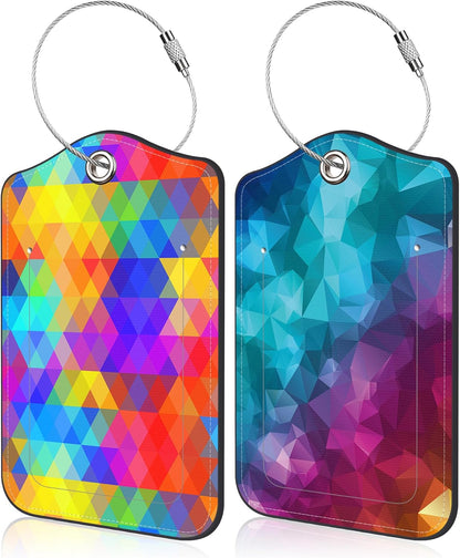 2 Pack Luggage Tag for Suitcase Polygonal and Rainbow Color Rhombus Leather Suitcase Tags with Identifiers Privacy Cover Name Address Labels and Stainless Steel Loop for Teens Adults