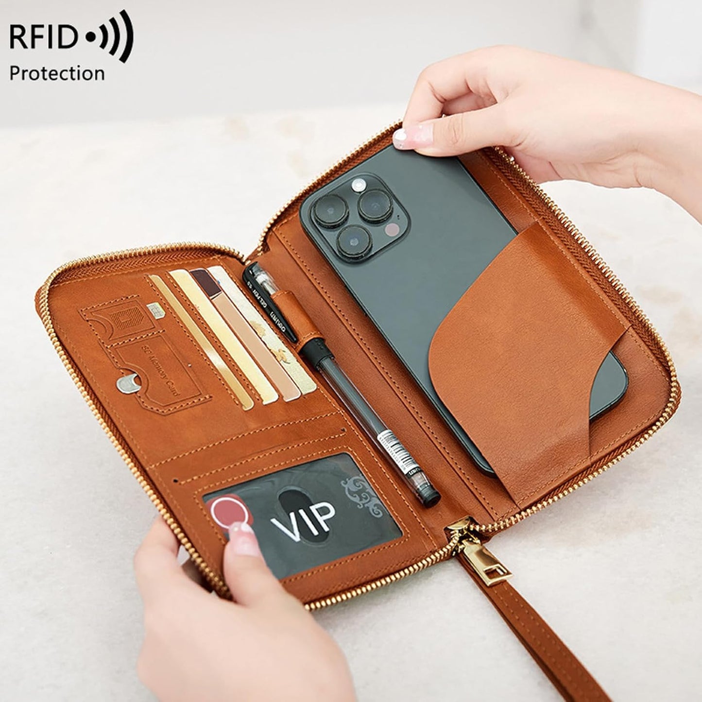 Multi-Function RFID Travel Passport Wallet with Phone Pocket - Ultimate Passport Holder for Women & Men | Holds Phones, Passports, Cash, Cards & Boarding Passes (Brown)