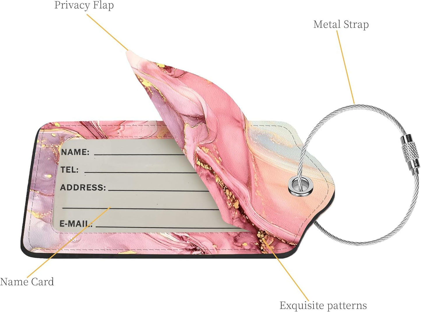 2 Pcs Luggage Tags for Suitcase, Cute Unique PU Leather Travel Bag Tag with Privacy Cover ID Label Address Card and Durable Metal Ring Suitable for Men Women Children Backpack,Pink Marble