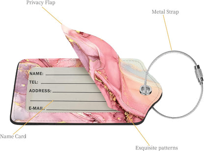 2 Pcs Luggage Tags for Suitcase, Cute Unique PU Leather Travel Bag Tag with Privacy Cover ID Label Address Card and Durable Metal Ring Suitable for Men Women Children Backpack,Pink Marble