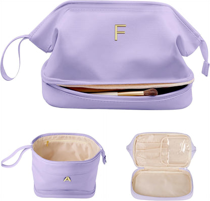 Initial Makeup Bag, Daughter Gifts, Personalized Double Layer Cosmetic Bag with Makeup Brush Organizer, Waterproof, Large Capacity PU Leather Travel Toiletry Bag Cute Things for Girls