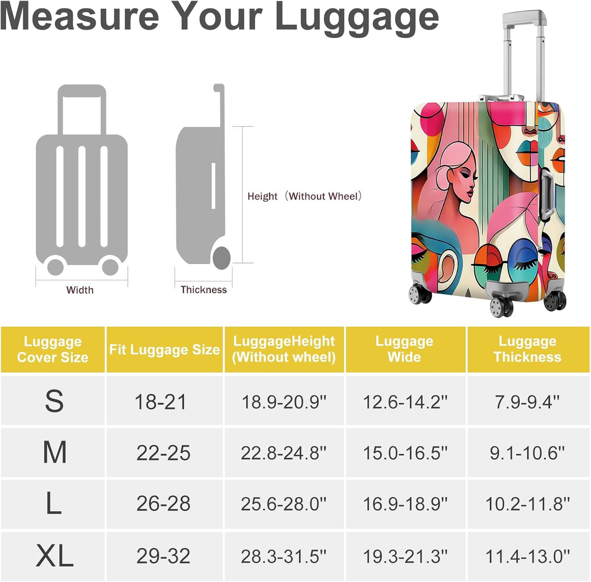 ANNA QUEEN Modern Art Fashion Luggage Cover, Stylish Abstract Woman Suitcase Protector, Washable, Stretchable Travel Sleeve for 32-34 Inch Luggage, Trendy, Colorful Design