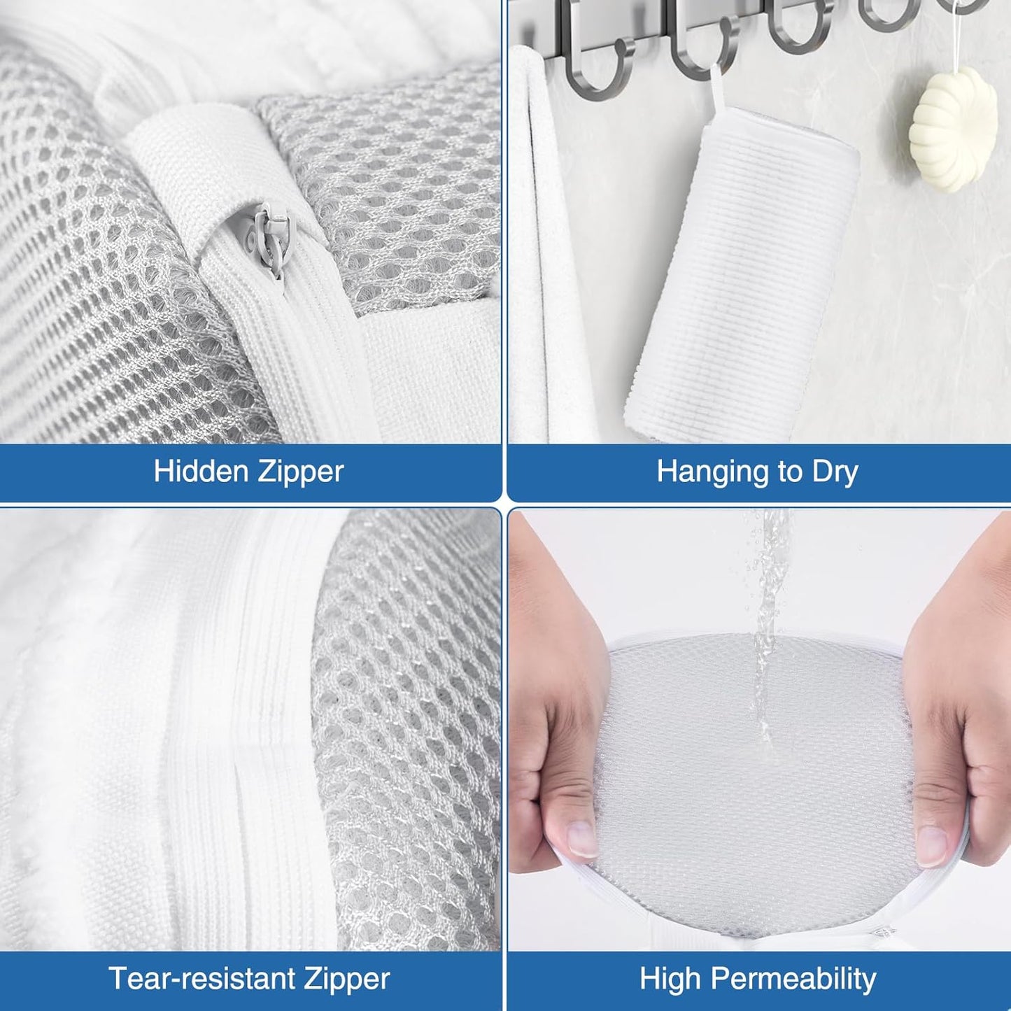 Shoe Washing Bag for Washing Machine, Fluffy Fibers Keep 360° Wrap-around Cleaning, 2 Pairs Adjustable Shoe Trees, Durable Hidden Zipper Reusable Shoe Laundry Bag for Sneaker Gym Shoes White