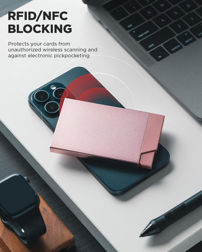 VULKIT Pop up Card Holder Minimalist Credit Card Holder RFID Blocking Slim Metal Card Case for Men or Women(Rose Gold)