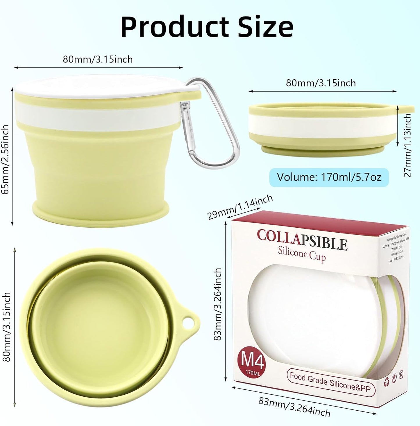 Silicone Collapsible Travel Cup Set - 4-Pack Foldable Mugs with Lids for Camping, Backpacking, Coffee & Outdoor (170ml, Pink/Light Green/Dark Green/Gray)