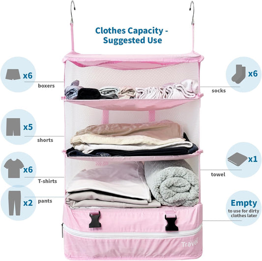 Grand Fusion Stow-N-Go Travel Luggage Organizer – Portable Hanging Travel Shelves, Carry-On Closet Organizer, Hanging Packing Cubes, Collapsible Carry-On Organizer for Cruises & Hotels. Pink - XL