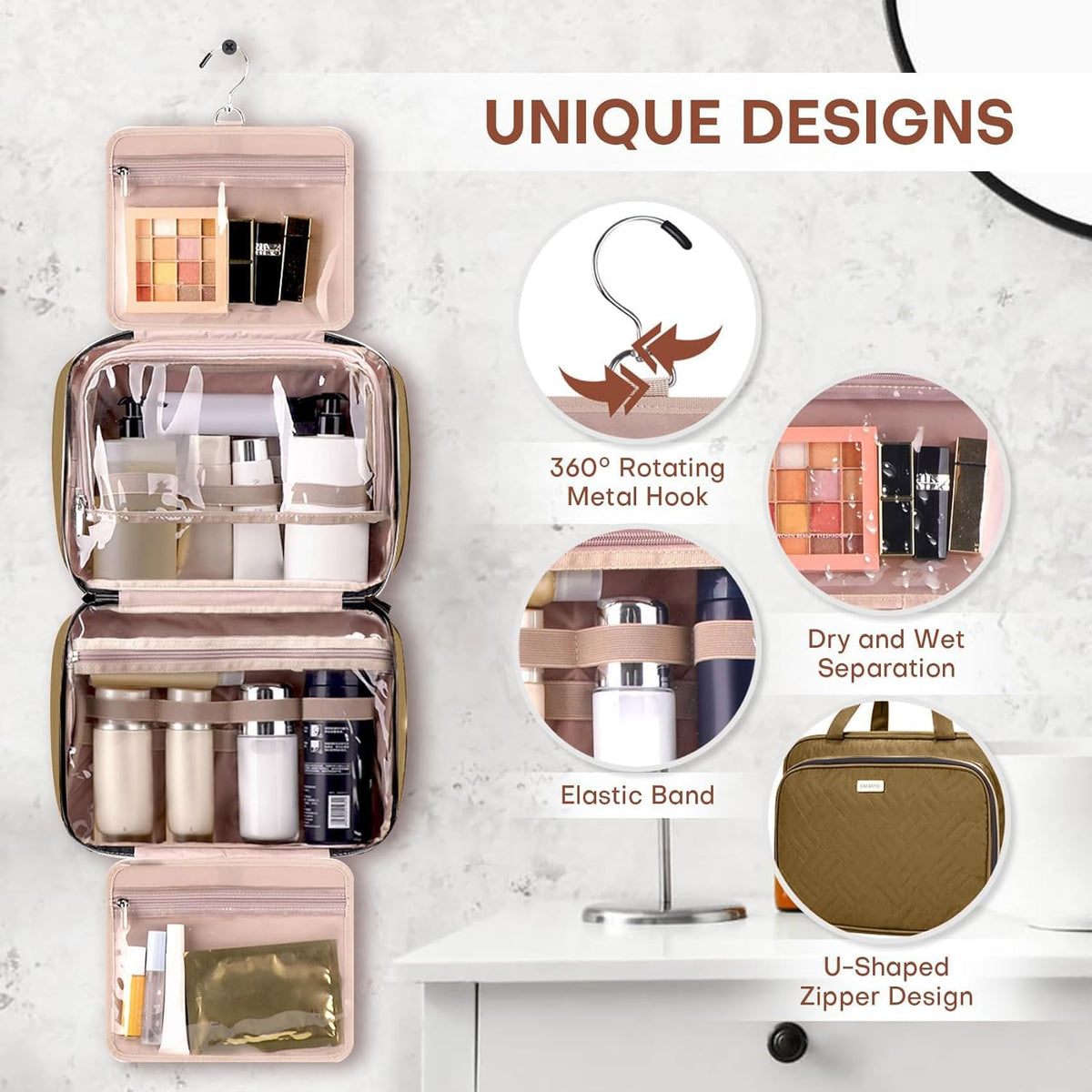 Toiletry Bag for Women with Jewelry Organizer Compartment, Travel Makeup Cosmetic Bag with Hanging Hook for Full-sized Toiletries, Shampoo - Brown