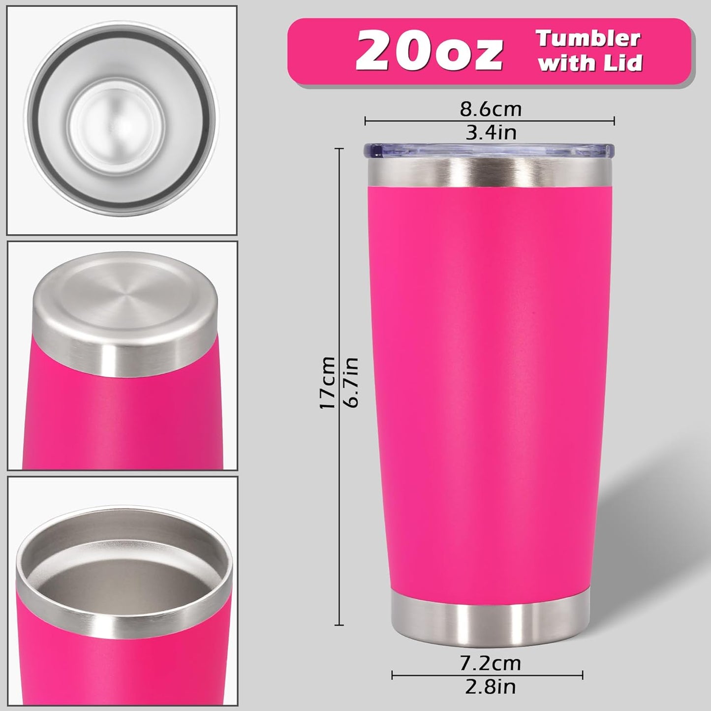 20oz Tumbler Bulk Stainless Steel Tumblers with Lid Vacuum Insulated Double Wall Travel Coffee Mug Powder Coated Tumbler Cup for Hot and Cold Drinks(Hot Pink, 6 pack)