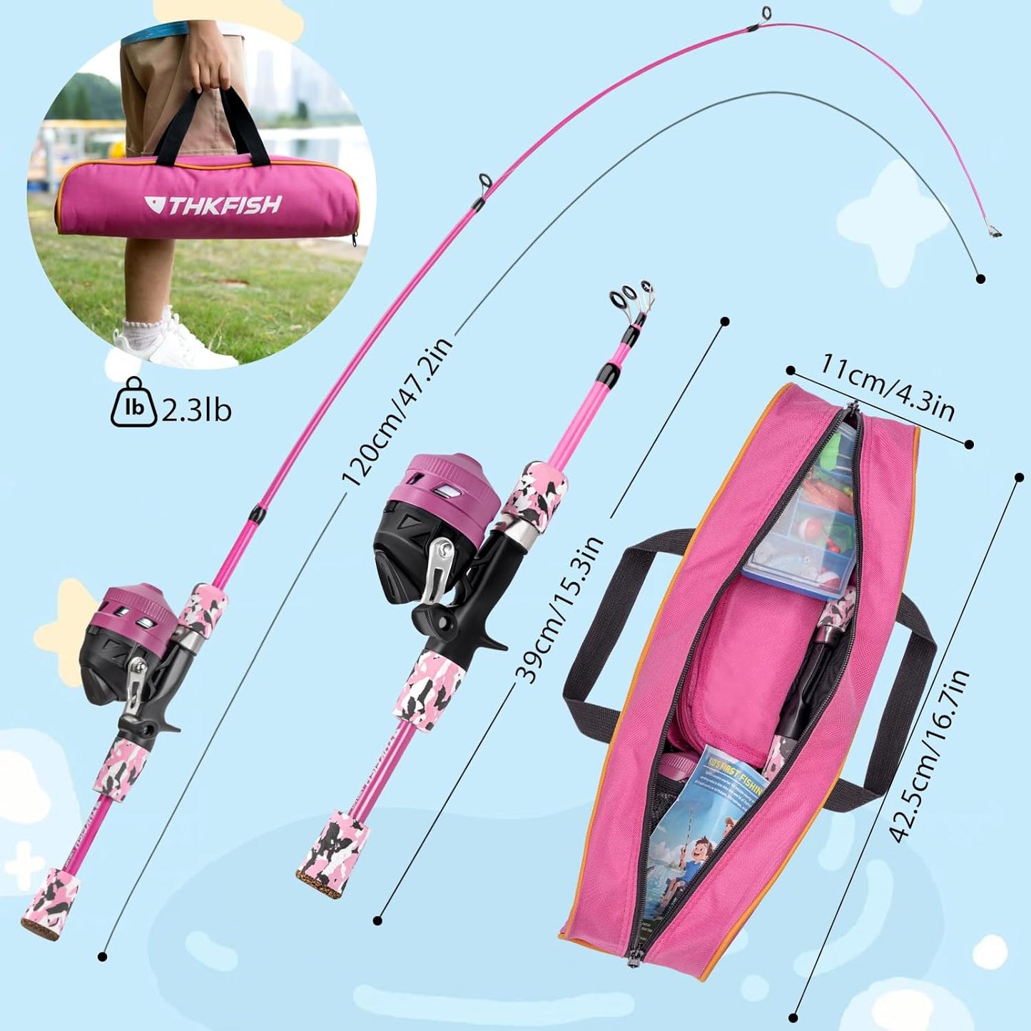 Kids Fishing Pole Set, Telescopic Fishing Rod Reel Combo Kids Starter Kit with Lures Tackle Box, Foldable Stool and Portable Bag for Boys Girls Younth