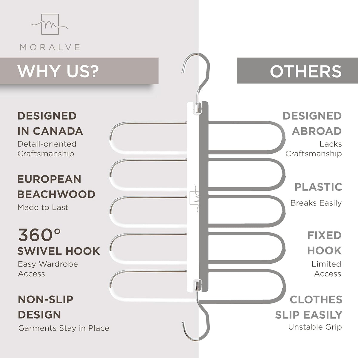 MORALVE Pants Hangers Space Saving - 2 Pack European Beechwood Scarf and Jean Hangers - Closet Organizer and Space Saver Pant Rack, Leggings Hanger, and Scarf Holder with 360° Swivel Hook