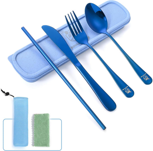 Boulder Bee | Travel Utensils Set | Reusable Camping Cutlery Set | Stainless Steel Flatware Set | Portable Silverware Set with Case | Includes Knife/Fork/Spoon/Straw/Cleaning Cloth/Case (Blue)