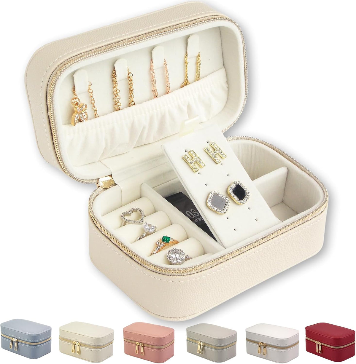 Small Travel Jewelry Case With PU Leather, Sturdy And Smooth Gold Metal Zipper, Perfect Size Suitable For Compact Jewelry Organizer Storage, Small Women's Jewelry Box Travel Accessories Beige