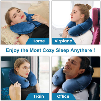 Inflatable Neck Pillow Airplane, Comfortable Inflatable Travel Neck Pillows for Airplanes Traveling on Plane, Soft Plush Cover Head Neck Rest Sleeping Long Flight for Car Train Office Home