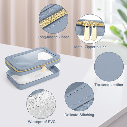 Travel Clear Makeup Bag with Makeup Brush Bag, Leather Makeup Case Toiletry Bag, Portable Cosmetic Bag Case, Transparent Waterproof Cosmetic Organizer Storage Bag for Women, Blue