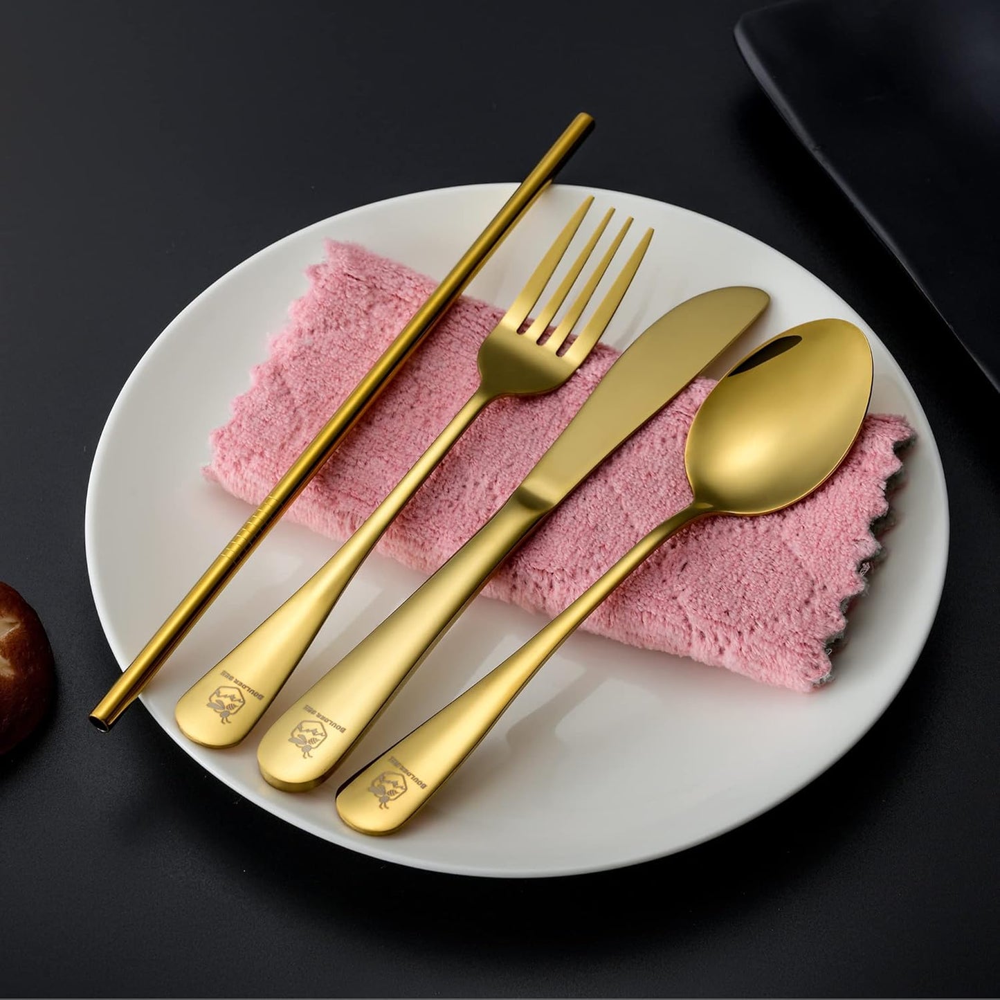 Boulder Bee | Travel Utensils Set | Reusable Camping Cutlery Set | Stainless Steel Flatware Set | Portable Silverware Set with Case | Includes Knife/Fork/Spoon/Straw/Cleaning Cloth/Case (Gold)