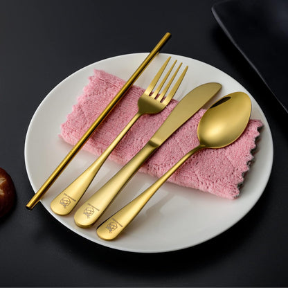 Boulder Bee | Travel Utensils Set | Reusable Camping Cutlery Set | Stainless Steel Flatware Set | Portable Silverware Set with Case | Includes Knife/Fork/Spoon/Straw/Cleaning Cloth/Case (Gold)