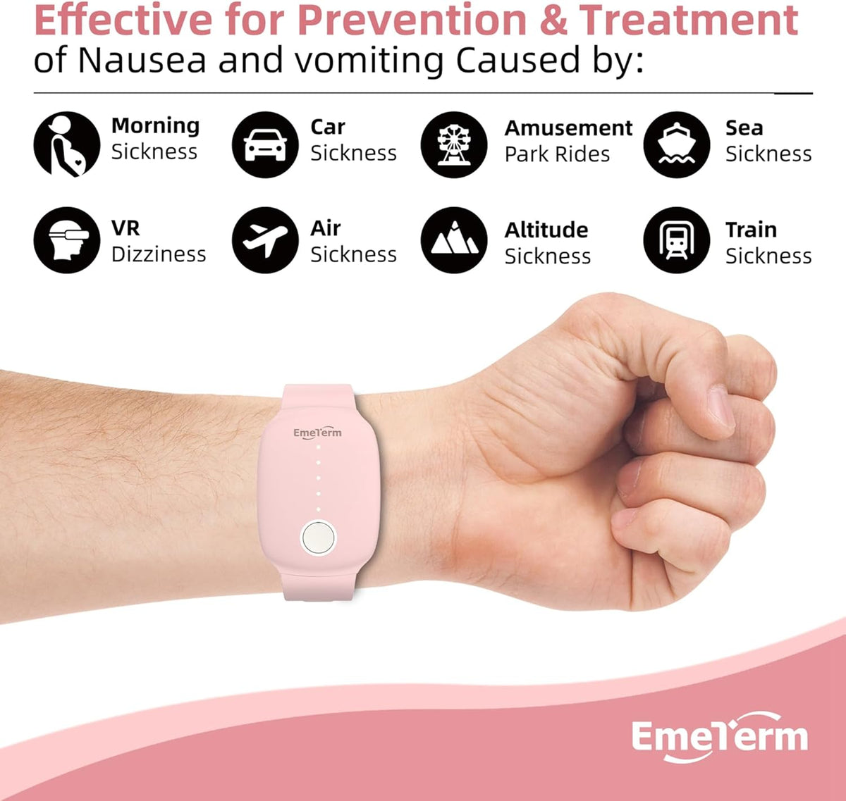 EmeTerm Fashion FDA-Cleared Relieve Nausea Electrode Stimulator Morning Sickness Motion Travel Sickness Vomit Relief Rechargeable No Gel Drug Free Wrist Bands Without Side Effects