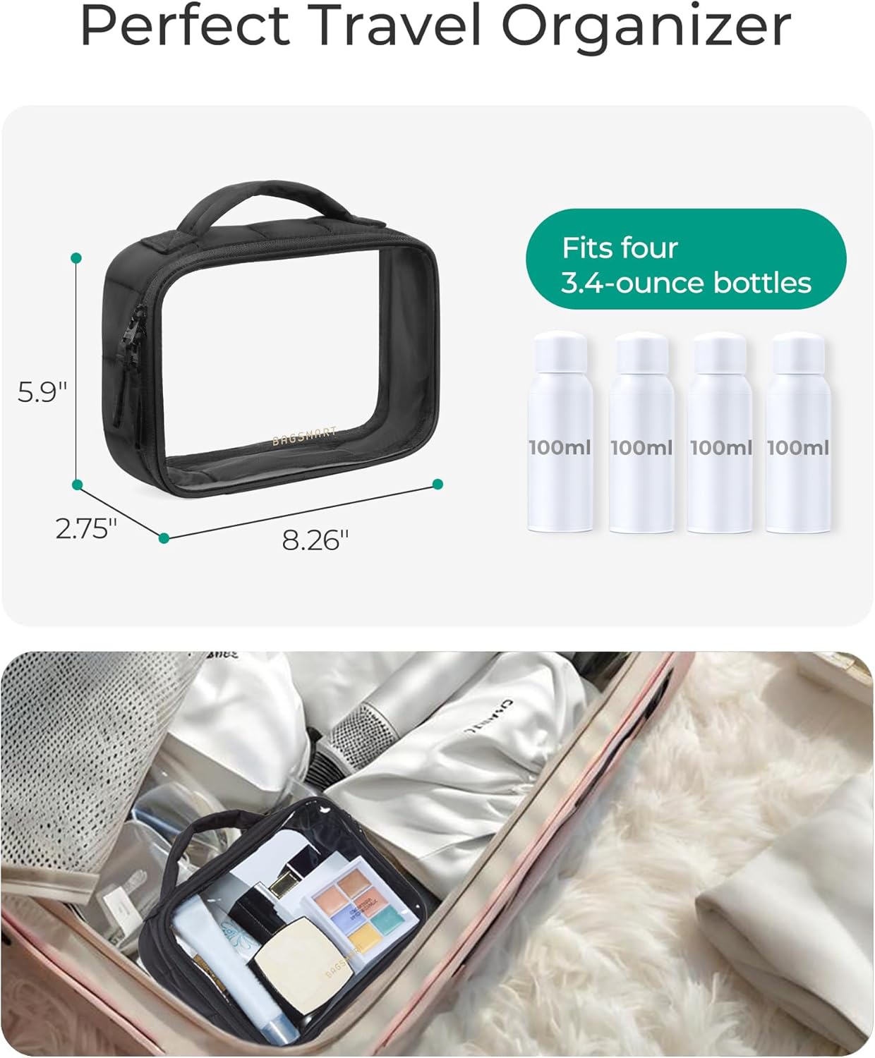 BAGSMART Clear TSA-Approved Toiletry Bag, Large Opening Quart Sized Makeup Bag with Handle, Double Zipper, Clear Cosmetic Organizer for Women