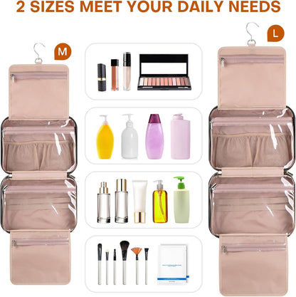 Hanging Toiletry Bag for Women Travel, 2 Sizes Large & Small Waterproof Cosmetic Organizer with 4 Compartments, Rotating Hook, Foldable Pink Travel Bag for Toiletries & Makeup - Large Black
