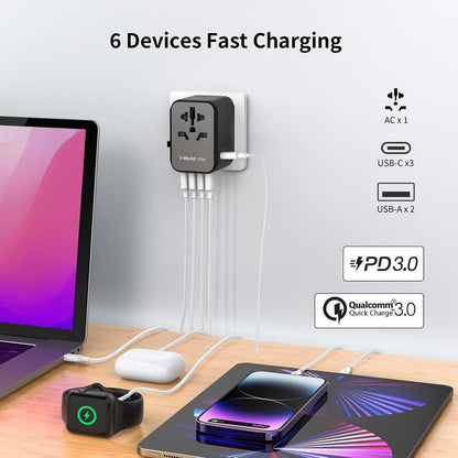 MOMAX Universal Travel Adapter, PD 35W Fast International Power Adapter, 3 USB C & 2 USB A, Worldwide Travel Plug Adapter, International Power Adapter for Europe, USA, Japan, Australia (Type C/A/G/I)