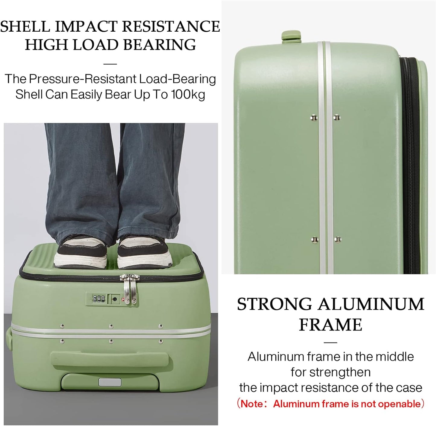 mixi Carry On Luggage, 18'' Suitcases with Spinner Wheels, Rolling Travel Suitcase with Front Laptop Pocket Luggage Aluminum Frame PC Hardside with TSA Lock and Cover, Avocado Green