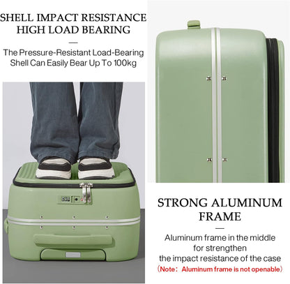 mixi Carry On Luggage, 18'' Suitcases with Spinner Wheels, Rolling Travel Suitcase with Front Laptop Pocket Luggage Aluminum Frame PC Hardside with TSA Lock and Cover, Avocado Green