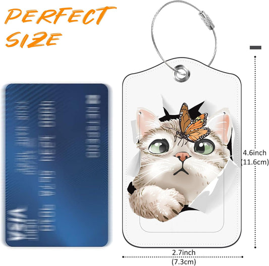 2 Pack Luggage Tag for Suitcase Cat and Butterfly in Hole Leather Travel Cruise Luggage Tag with Stainless Steel Loop Name ID Label Privacy Cover for Adults Teens Travel Bag Labels Set