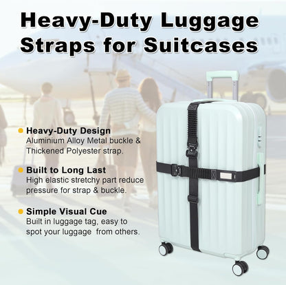 Vigorport Luggage Straps for Suitcases 2 Pack, Heavy Duty Metal Buckle Luggage Belt Strap, TSA Approved Suitcase Belt, Stretchable Travel Strap for Luggage