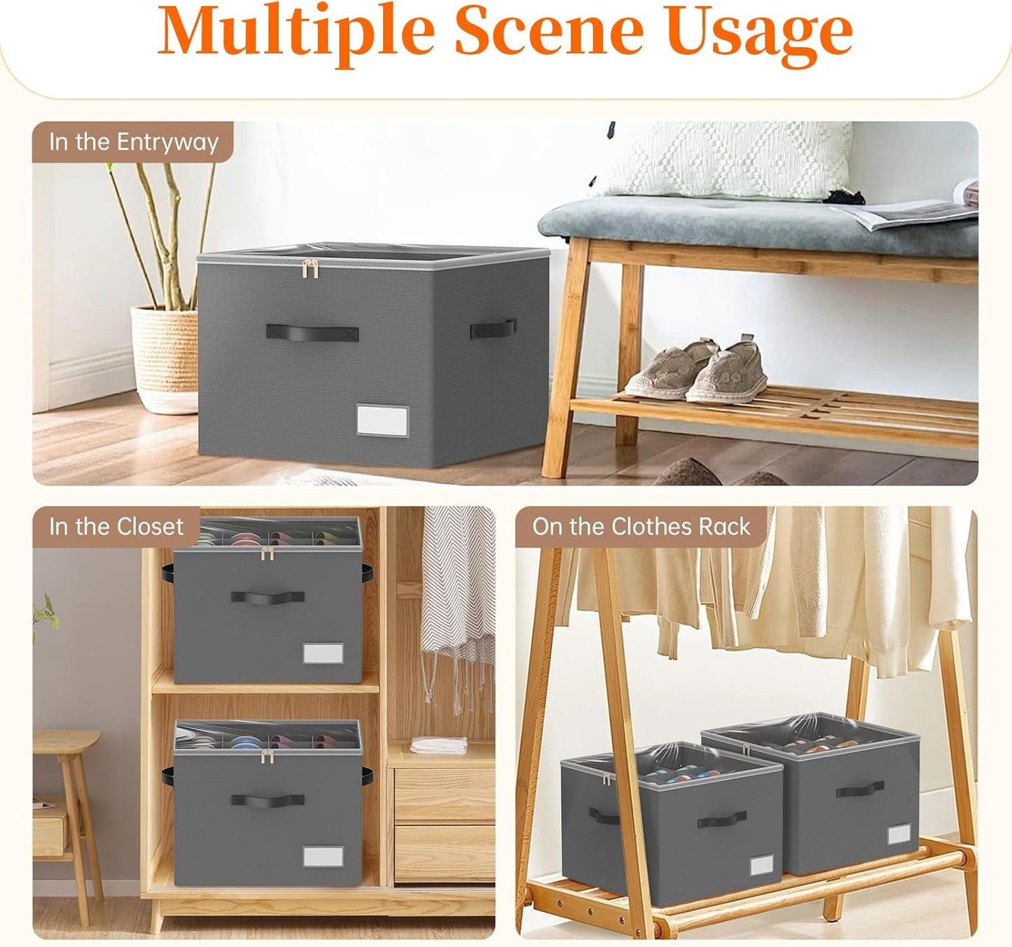 3 Pack Shoe Organizer for Closet, Foldable Shoe Storage Containers, Fits up to 24-48 Pairs, Shoe Storage Organizer Box Cubby Baskets Bins with Clear Cover and Reinforced Handles, Gray