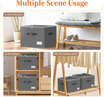 3 Pack Shoe Organizer for Closet, Foldable Shoe Storage Containers, Fits up to 24-48 Pairs, Shoe Storage Organizer Box Cubby Baskets Bins with Clear Cover and Reinforced Handles, Gray