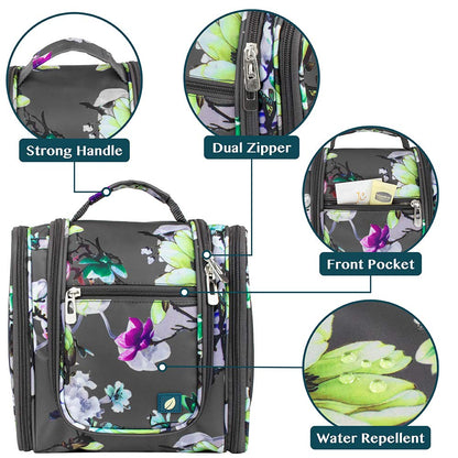 PAVILIA Toiletry Bag Travel Bag for Women Men, Hanging Cosmetic Organizer, Water Resistant Makeup Bag for Accessories Toiletries, Large Travel Essentials Kit (Floral Grey)