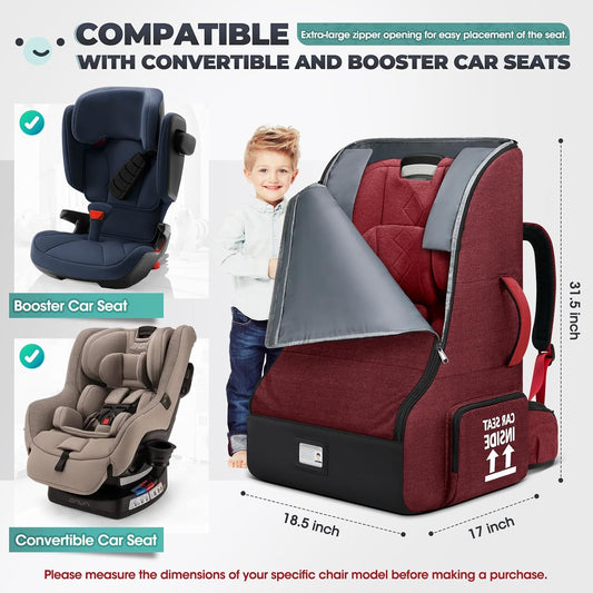 RAINSMORE Padded Car Seat Travel Bag for Airplane Heavy Duty Car Seat Backpack for Air Travel Baby Carseat Cover Bags for Airport Large Car Seats Carrier Fits Car Seats & Booster Seats,Red