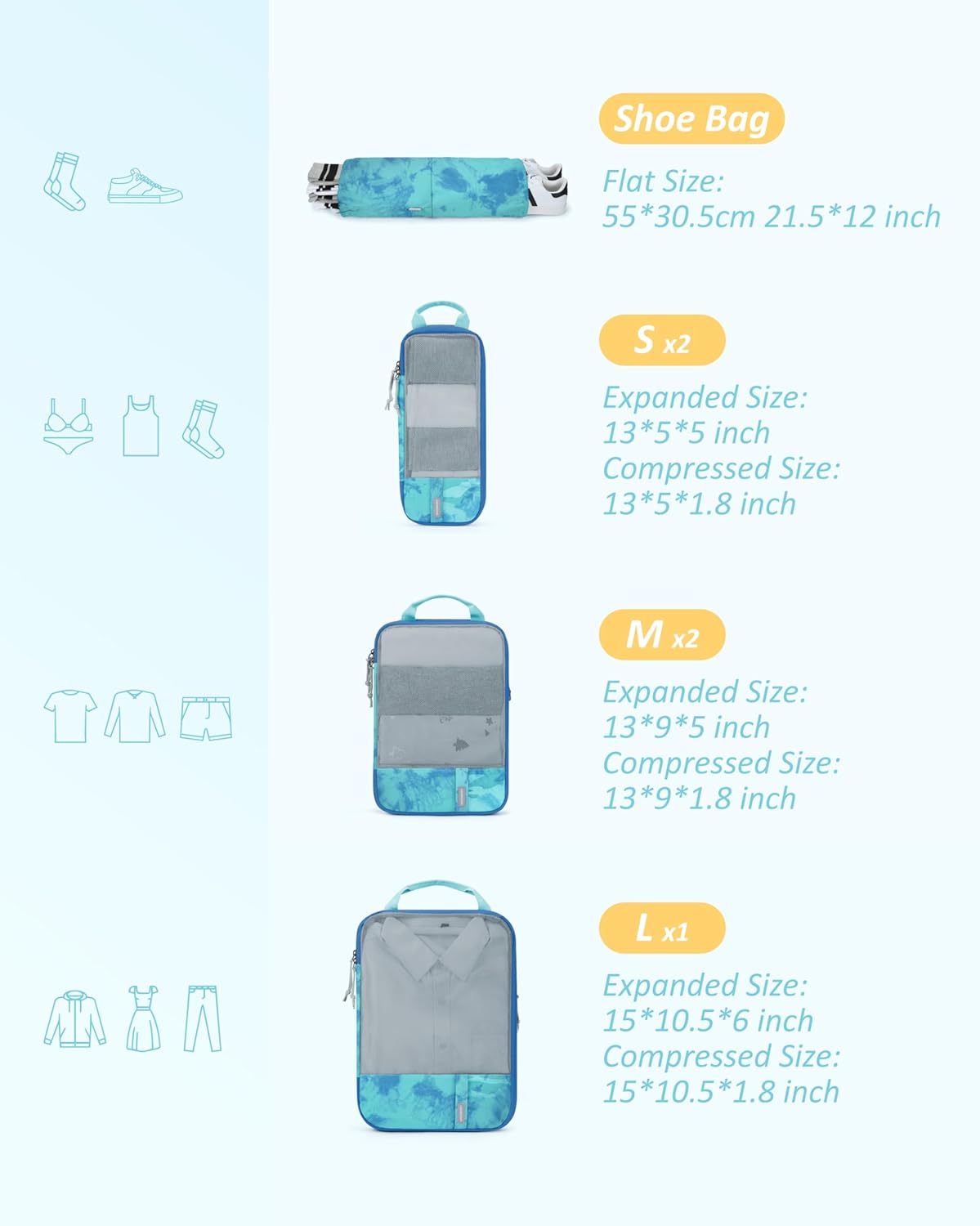 BAGSMART 6 Set Compression Packing Cubes - Lightweight Travel Essentials, Durable Luggage Organizer