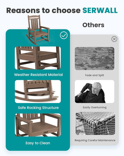SERWALL Outdoor Rocking Chair Set of 2, HDPE Patio Rocking Chair All-Weather Porch Rocker for Balcony, Yard, Brown