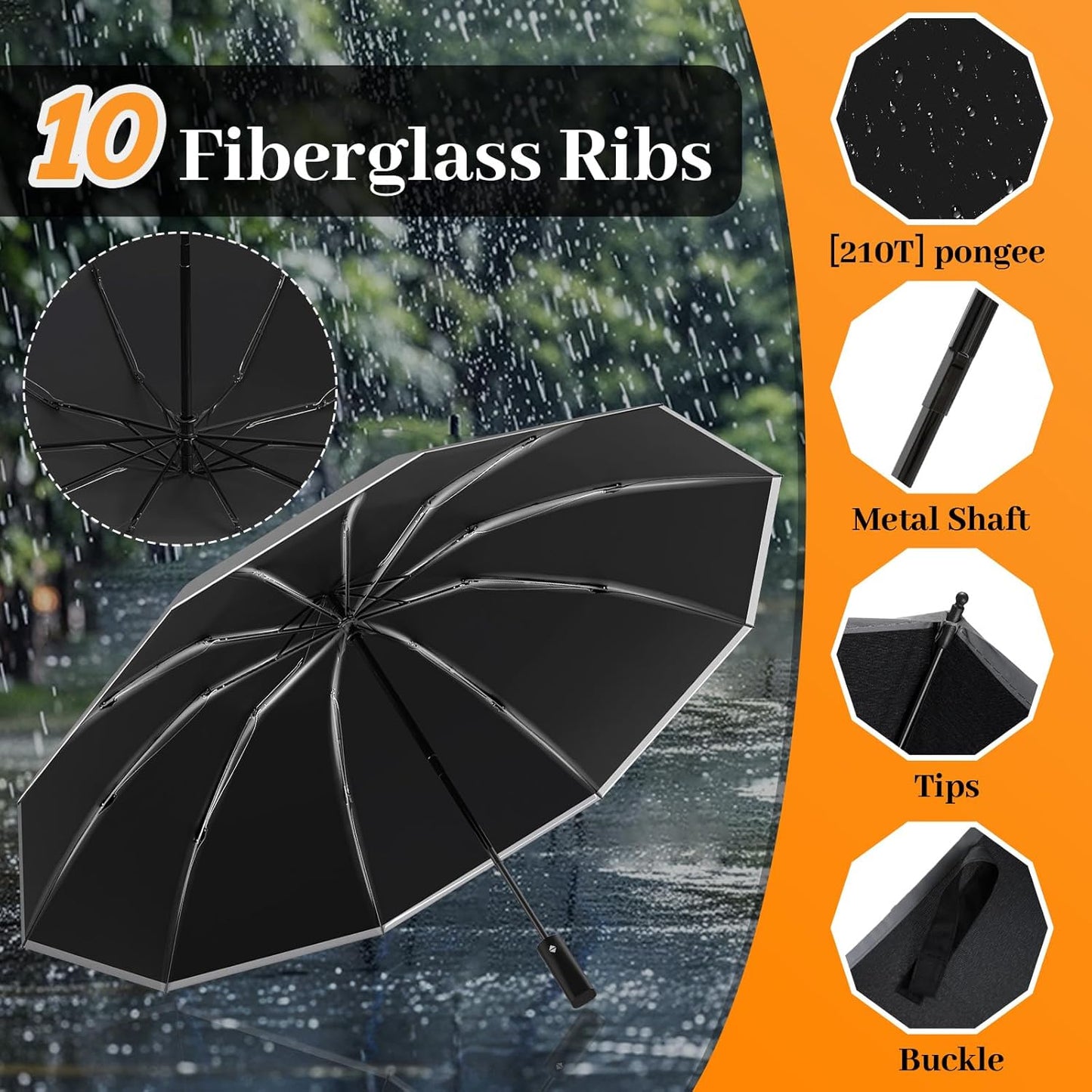 Travel Umbrella Superior, Beautiful & Compact, Large Strong but Light Portable and Automatic Folding Rain Umbrella, Premium Grip, Fits Car & Backpack