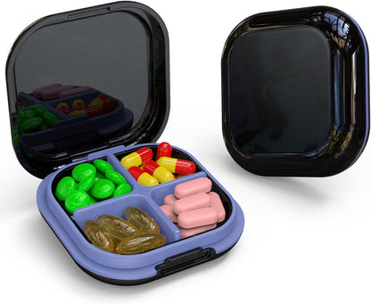 Daily Pill Organizer 4 Compartments, Small Pill Box Portable Travel Pill Case, Mini Pill Container for Purse Pocket, Compact Travel Medicine Organizer for Vitamin, Cod Liver Oil, Supplement