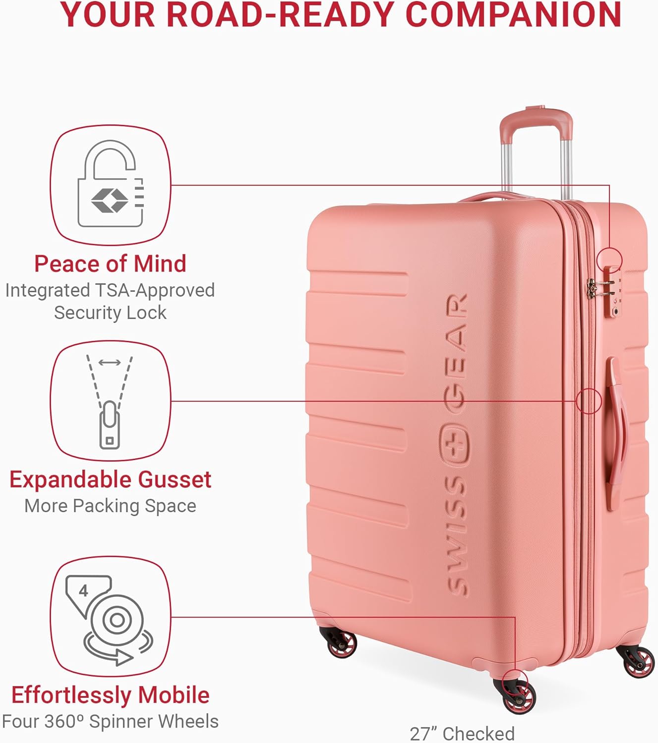 SwissGear 7366 Hardside Expandable Luggage with Spinner Wheels, Coral Almond, 3-Piece Set (19/23/27)