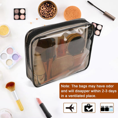 APREUTY Clear Makeup Bags, TSA Approved 6 Pcs Cosmetic Makeup Bags Set Clear PVC with Zipper Handle Portable Travel Luggage Pouch Airport Airline Vacation Organization (Black Brown)